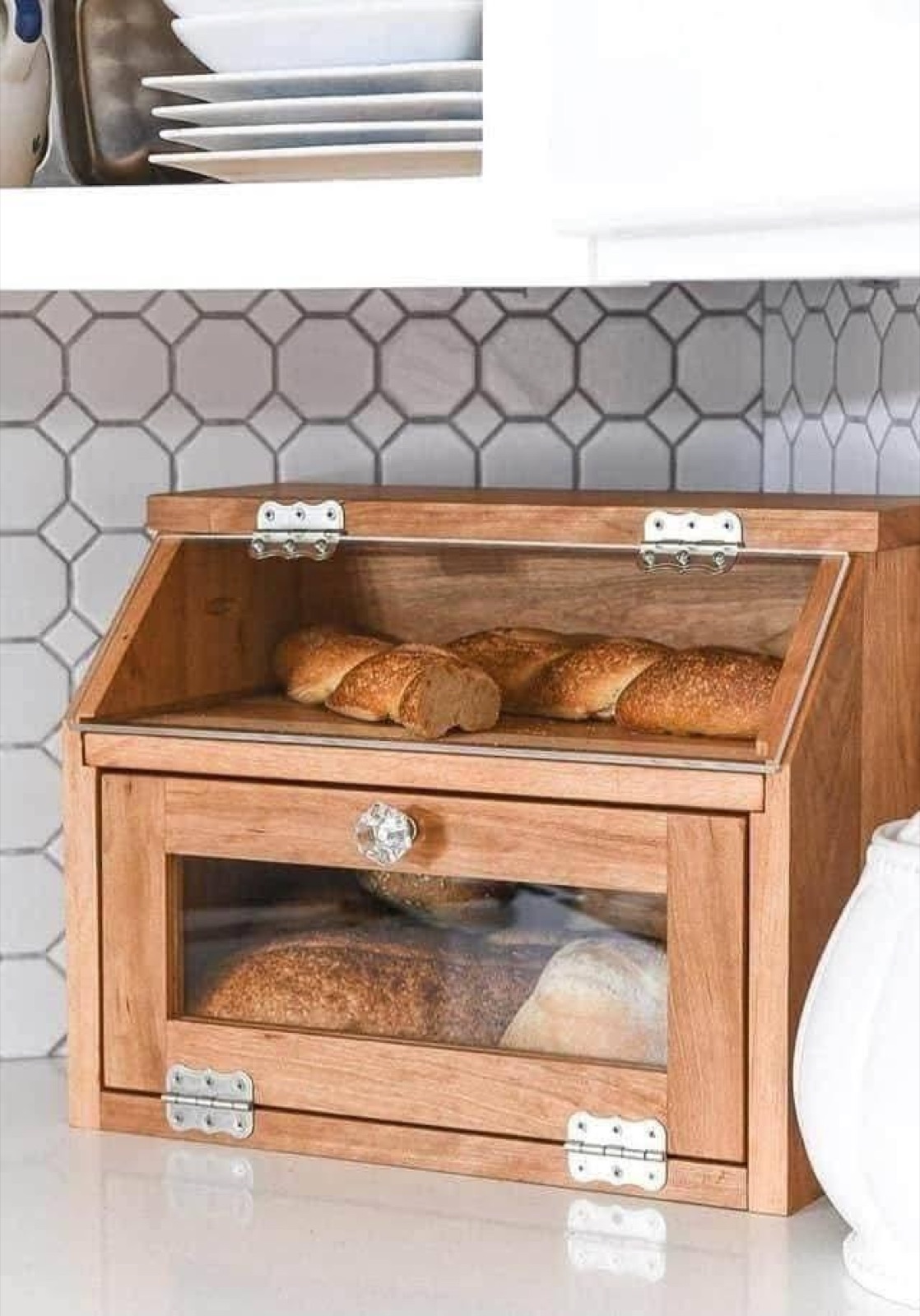 Hinged bread box with glass front